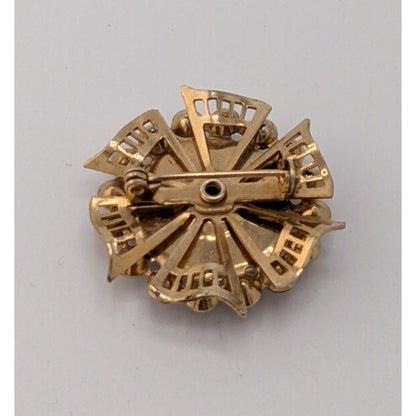 Vintage Regal Floral Brooch Gold Tone With Red And Clear Gems