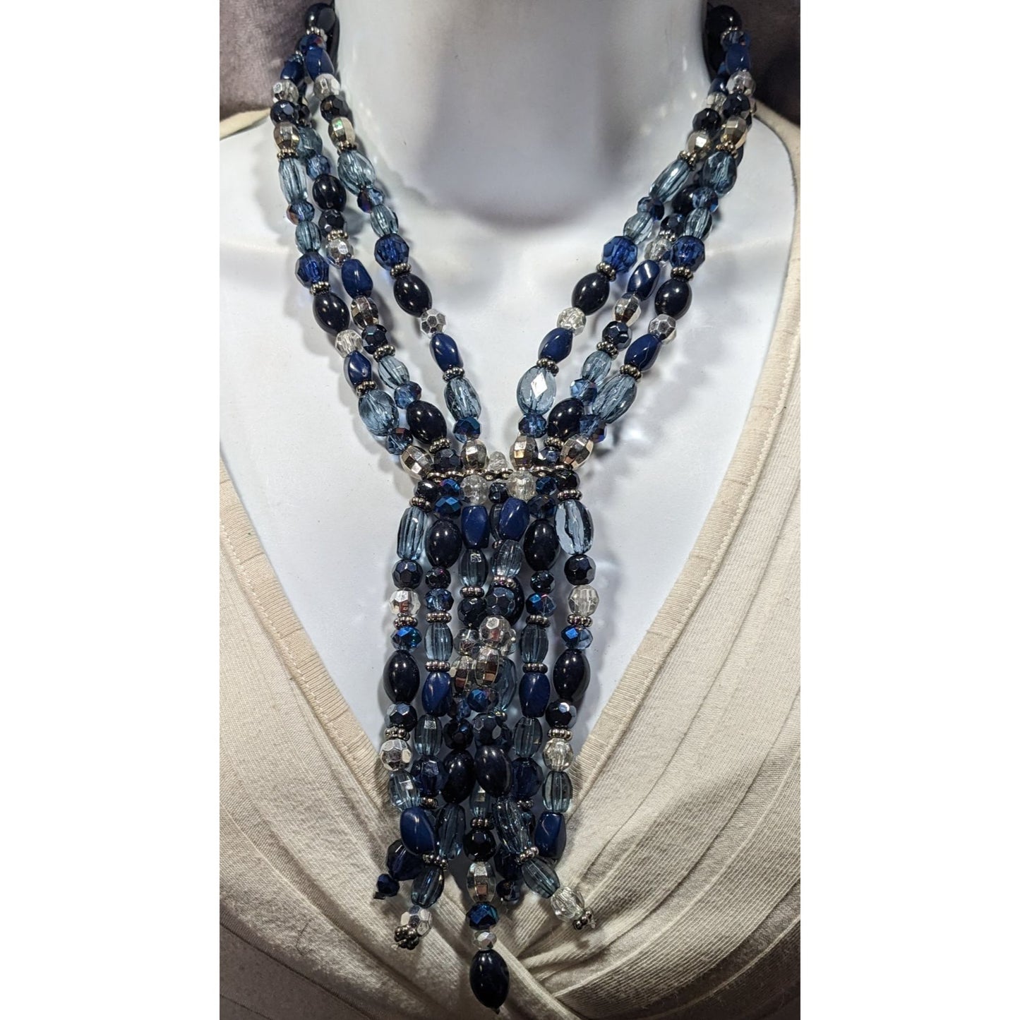 Erica Lyons Blue And Silver Tone Beaded Statement Necklace