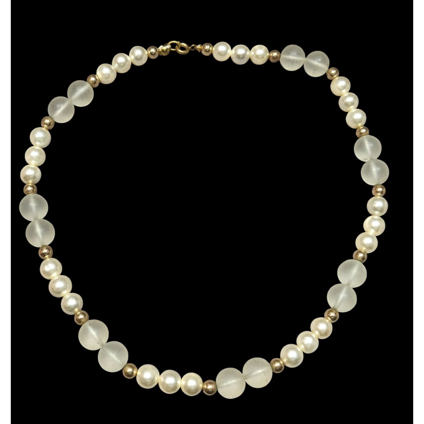 Vintage Frosted Glass & Faux Pearl Necklace With Gold Tone Beads