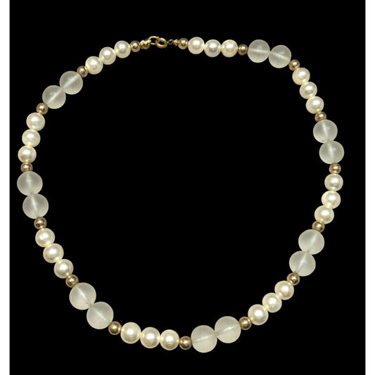 Vintage Frosted Glass & Faux Pearl Necklace With Gold Tone Beads