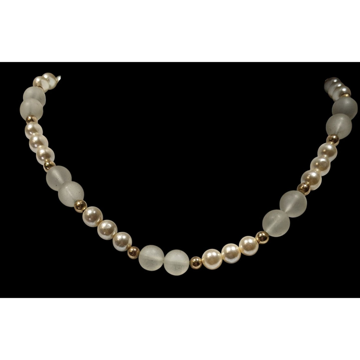 Vintage Frosted Glass & Faux Pearl Necklace With Gold Tone Beads