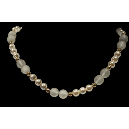 Vintage Frosted Glass & Faux Pearl Necklace With Gold Tone Beads