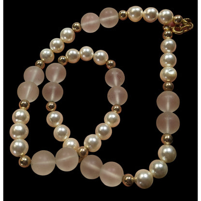 Vintage Frosted Glass & Faux Pearl Necklace With Gold Tone Beads