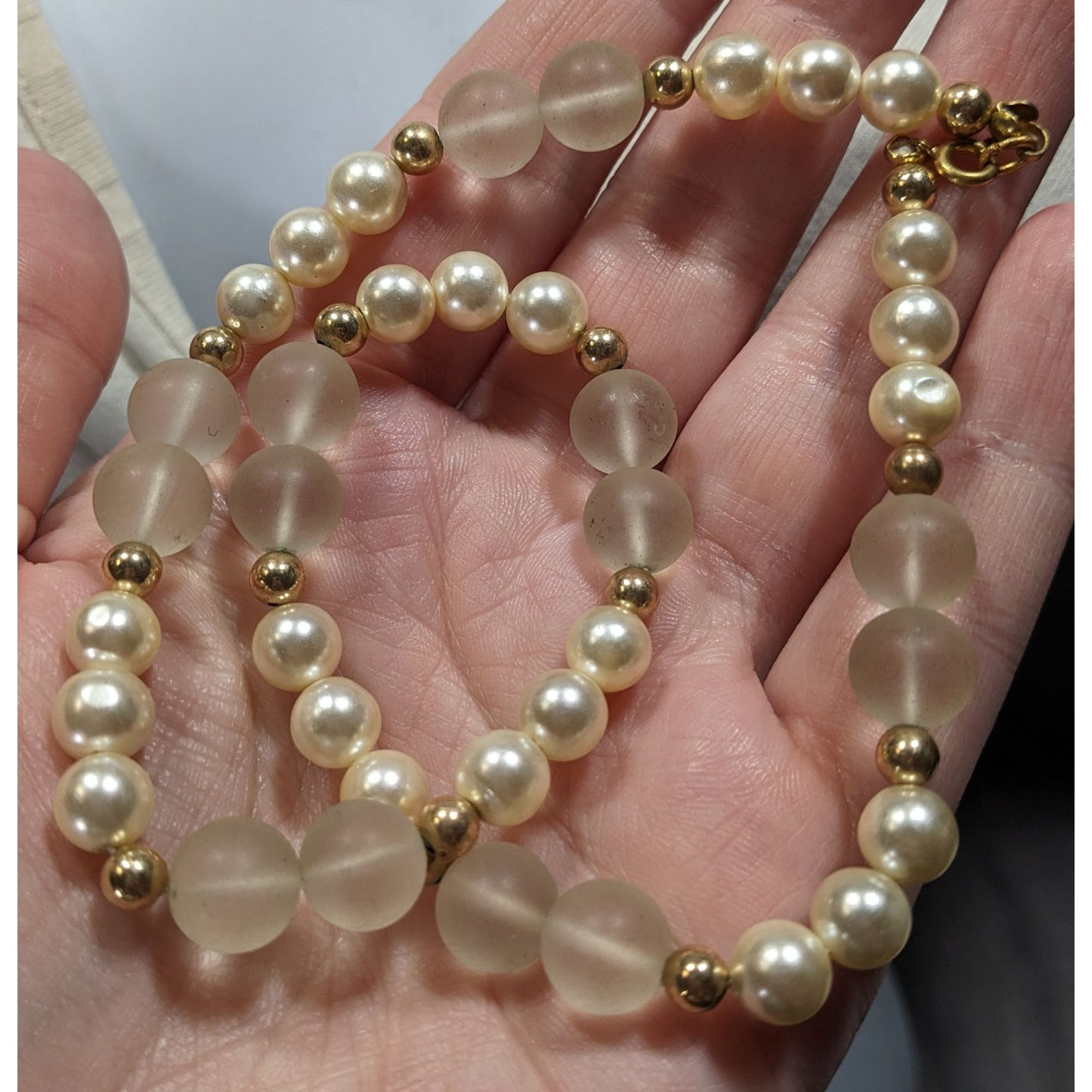 Vintage Frosted Glass & Faux Pearl Necklace With Gold Tone Beads