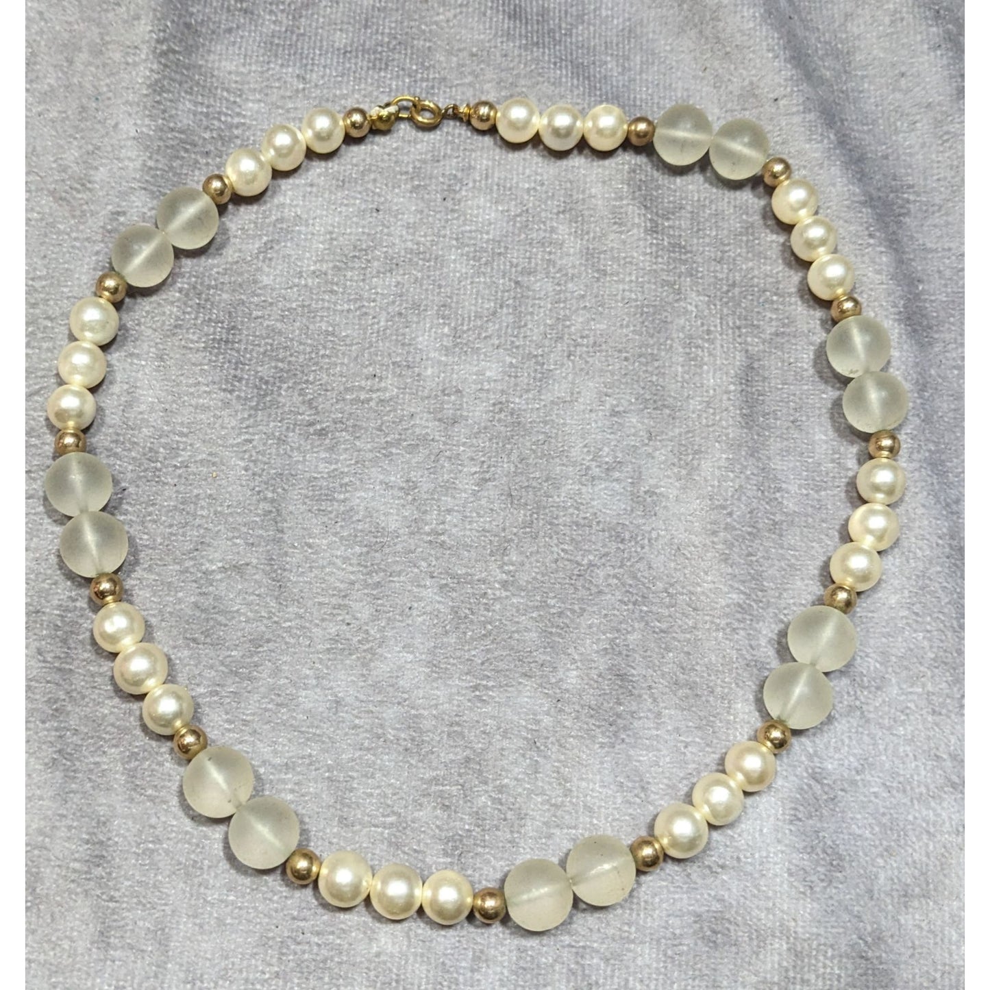 Vintage Frosted Glass & Faux Pearl Necklace With Gold Tone Beads