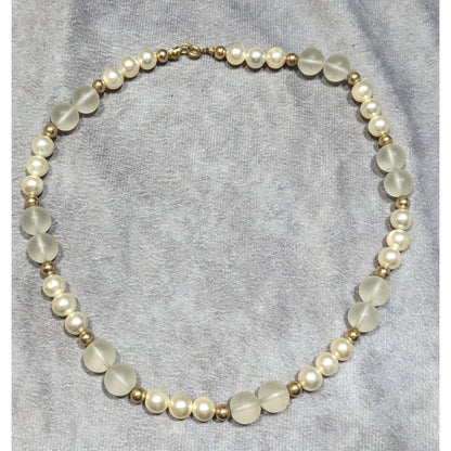 Vintage Frosted Glass & Faux Pearl Necklace With Gold Tone Beads