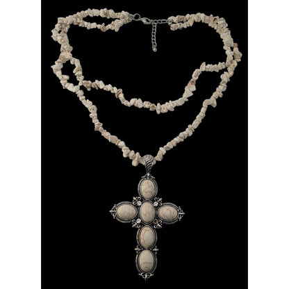 Boho Southwestern Western Cross Howlite Chip Statement Necklace
