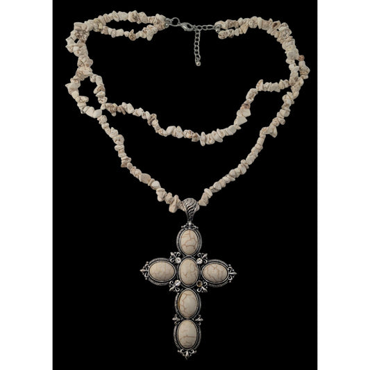 Boho Southwestern Western Cross Howlite Chip Statement Necklace