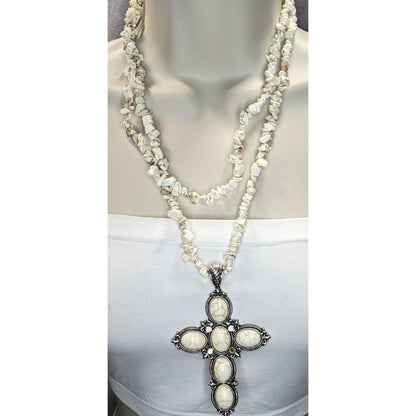 Boho Southwestern Western Cross Howlite Chip Statement Necklace