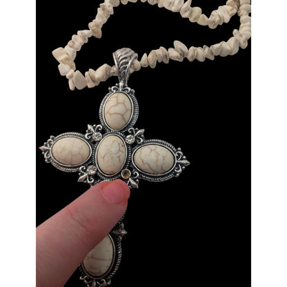 Boho Southwestern Western Cross Howlite Chip Statement Necklace