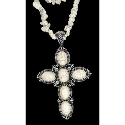 Boho Southwestern Western Cross Howlite Chip Statement Necklace