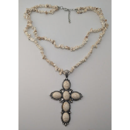 Boho Southwestern Western Cross Howlite Chip Statement Necklace