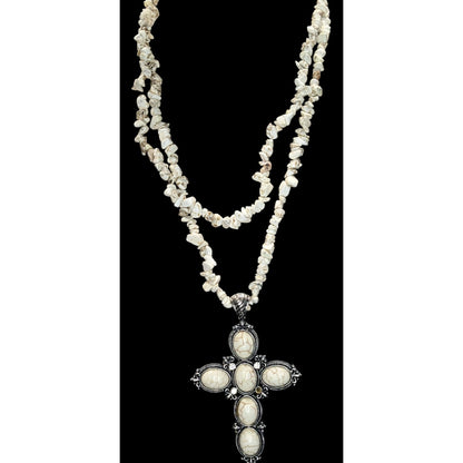 Boho Southwestern Western Cross Howlite Chip Statement Necklace