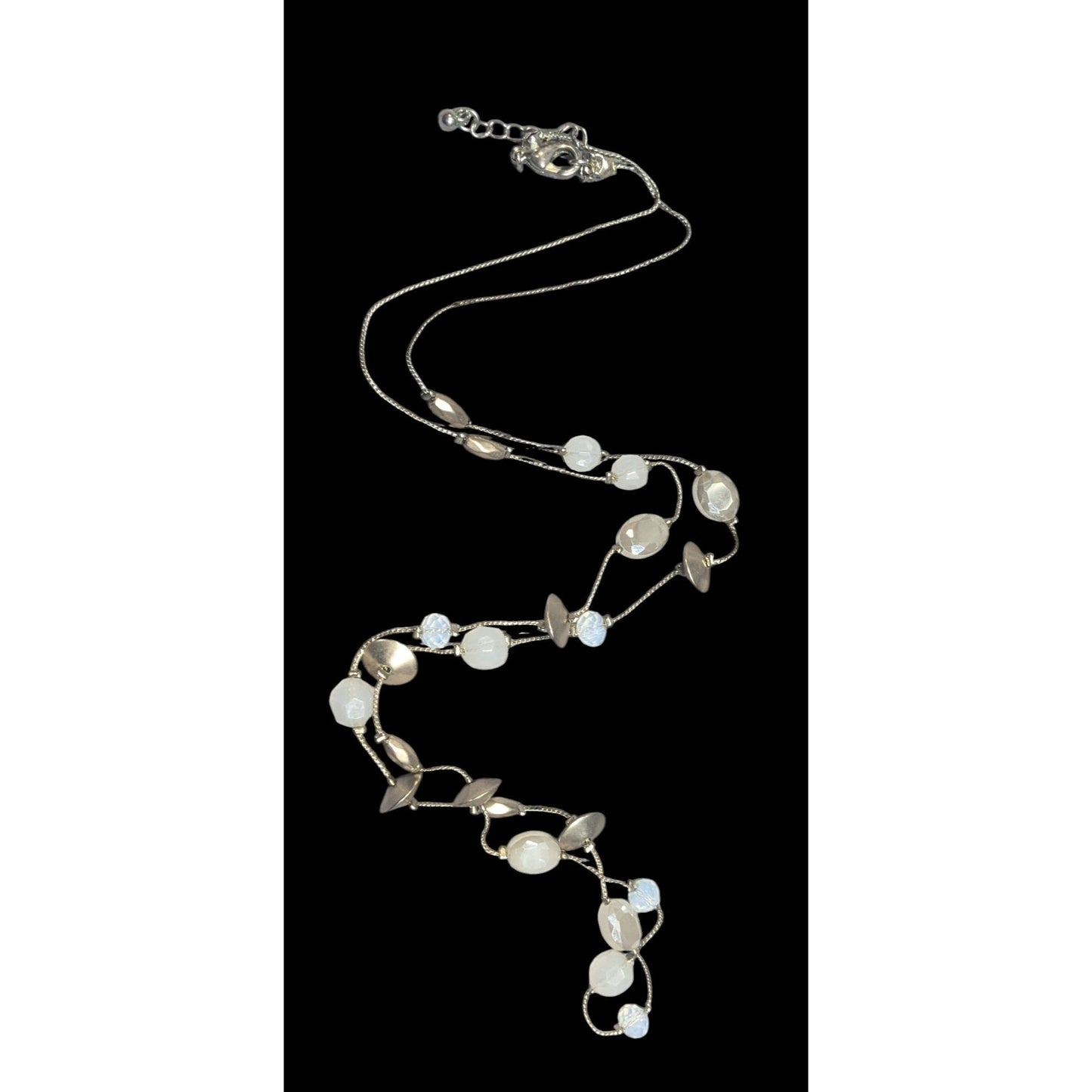 Smokey White Glass And Gold Tone Metal Studded Station Necklace