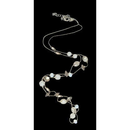 Smokey White Glass And Gold Tone Metal Studded Station Necklace
