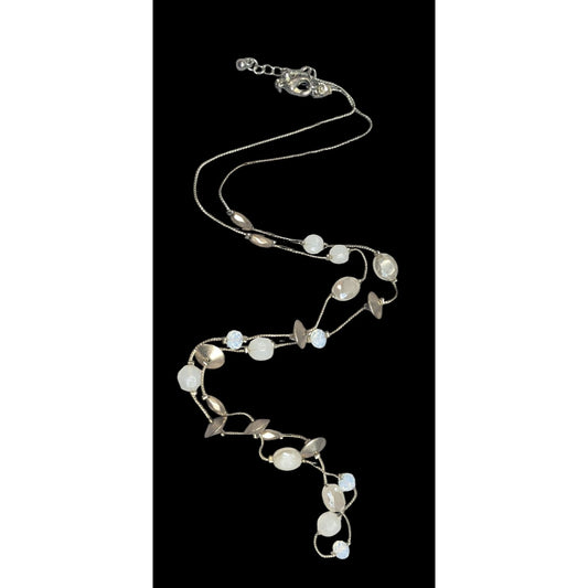 Smokey White Glass And Gold Tone Metal Studded Station Necklace