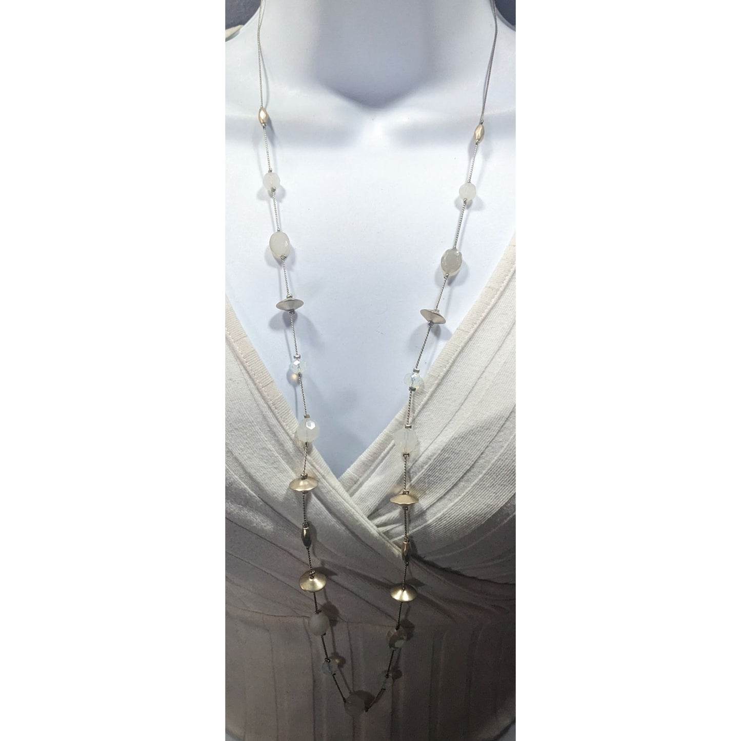 Smokey White Glass And Gold Tone Metal Studded Station Necklace