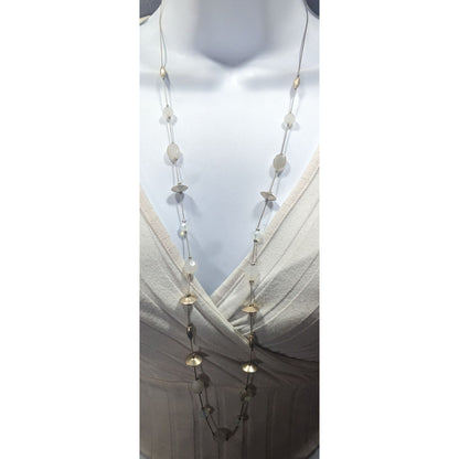 Smokey White Glass And Gold Tone Metal Studded Station Necklace