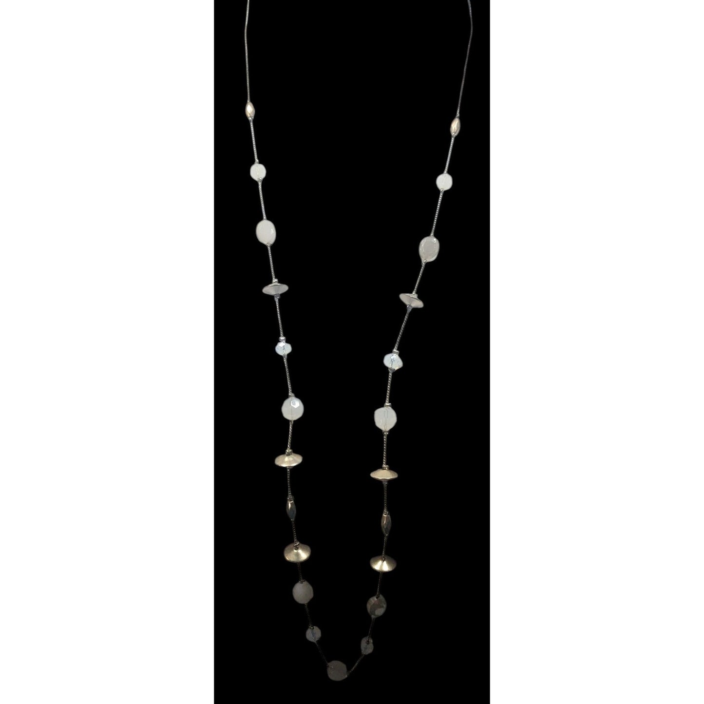 Smokey White Glass And Gold Tone Metal Studded Station Necklace