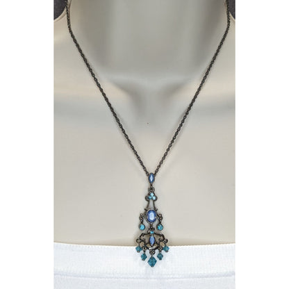 1928 Blue Chandelier Pendant Necklace Gunmetal Victorian Revival Fantasy Jewelry