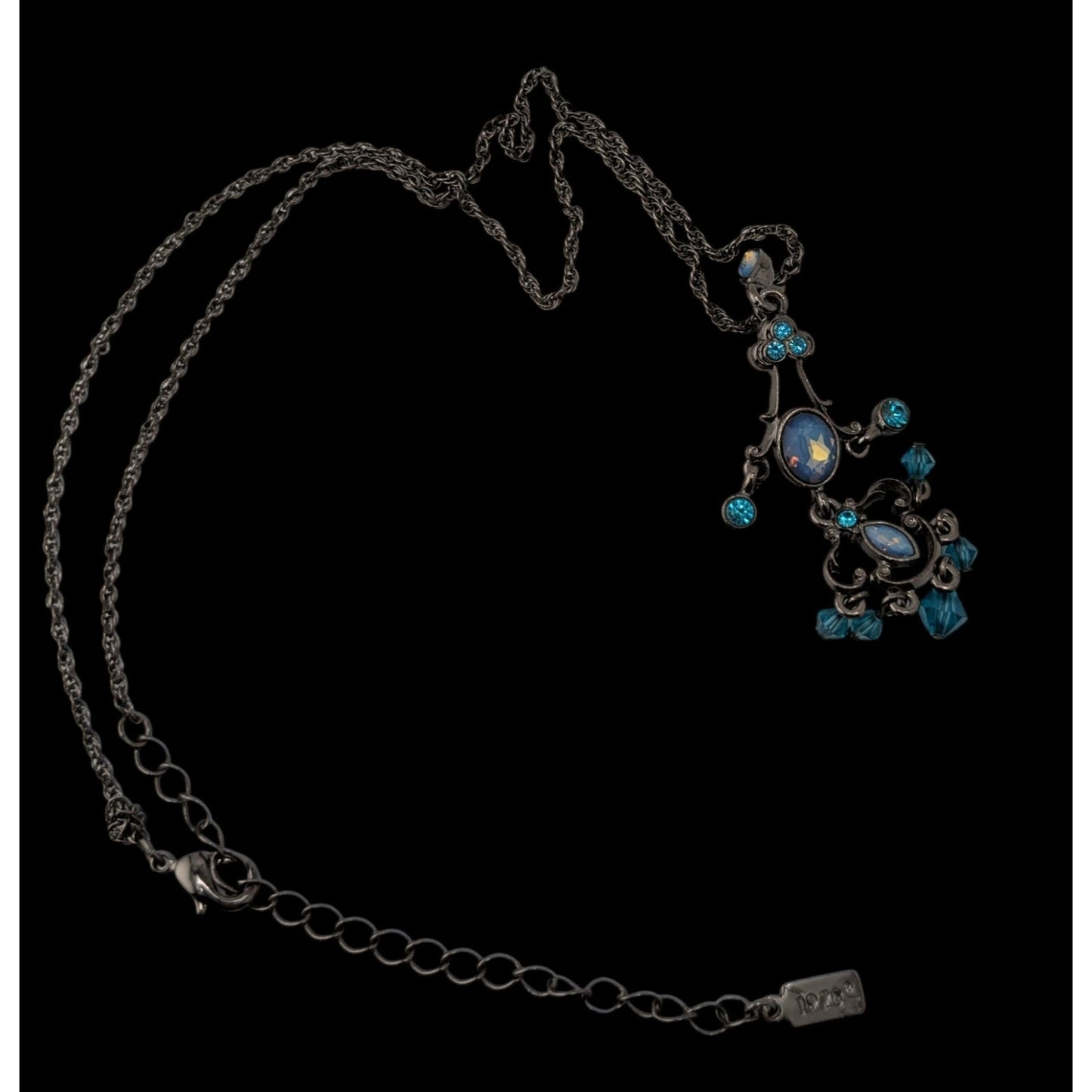 1928 Blue Chandelier Pendant Necklace Gunmetal Victorian Revival Fantasy Jewelry
