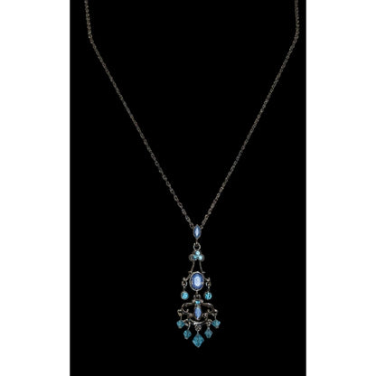 1928 Blue Chandelier Pendant Necklace Gunmetal Victorian Revival Fantasy Jewelry