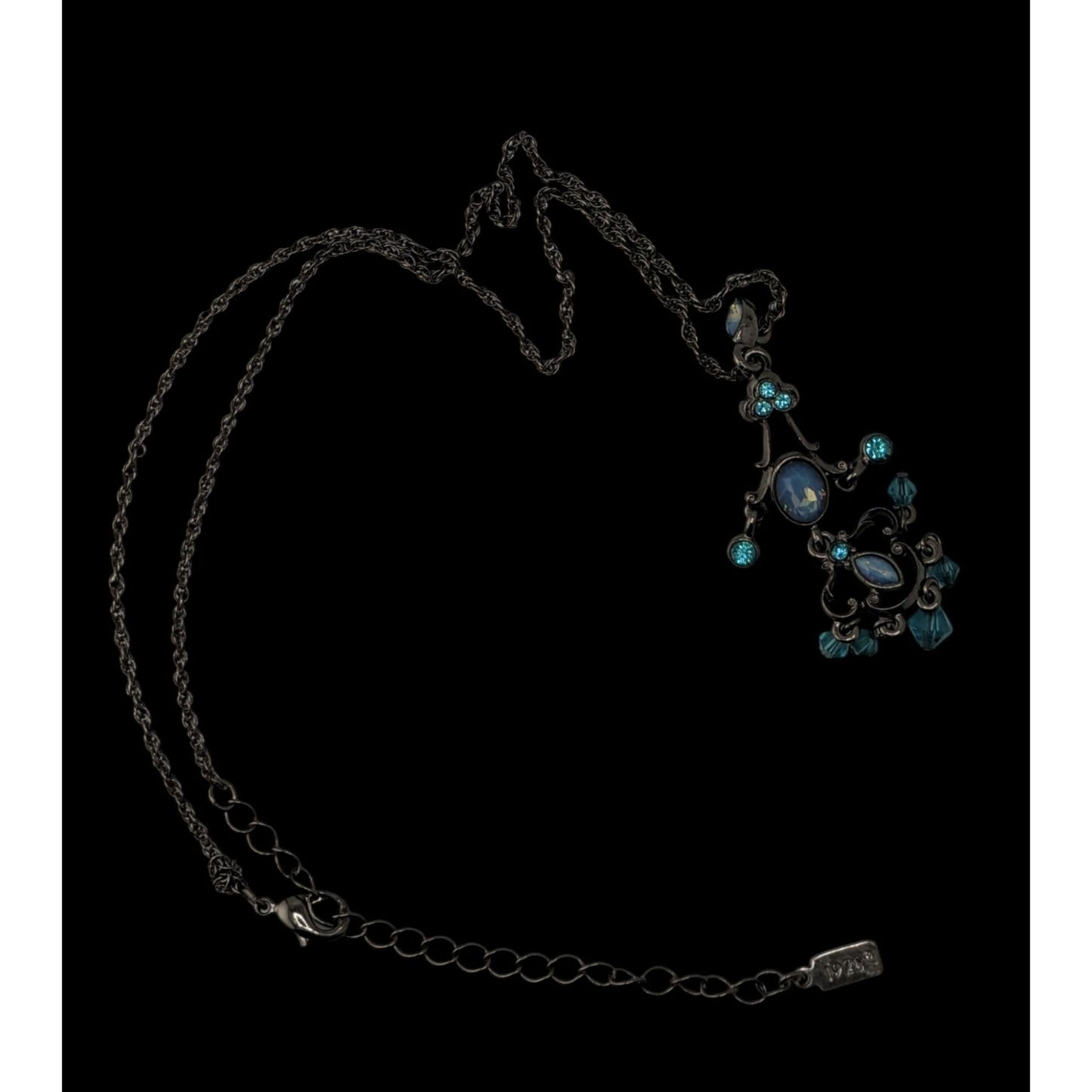 1928 Blue Chandelier Pendant Necklace Gunmetal Victorian Revival Fantasy Jewelry