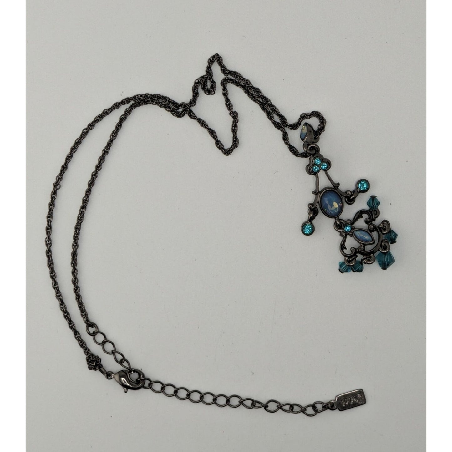 1928 Blue Chandelier Pendant Necklace Gunmetal Victorian Revival Fantasy Jewelry