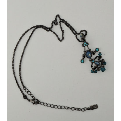 1928 Blue Chandelier Pendant Necklace Gunmetal Victorian Revival Fantasy Jewelry