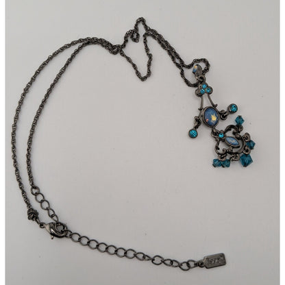 1928 Blue Chandelier Pendant Necklace Gunmetal Victorian Revival Fantasy Jewelry