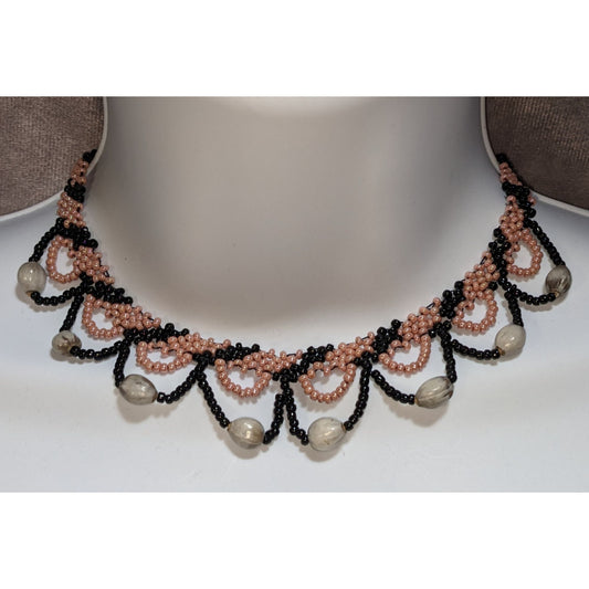Vintage Black Pink Seed Bead Bib Necklace Scallop Fringe Statement Boho Jewelry