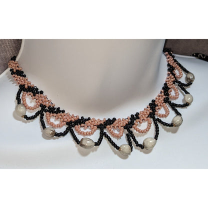 Vintage Black Pink Seed Bead Bib Necklace Scallop Fringe Statement Boho Jewelry