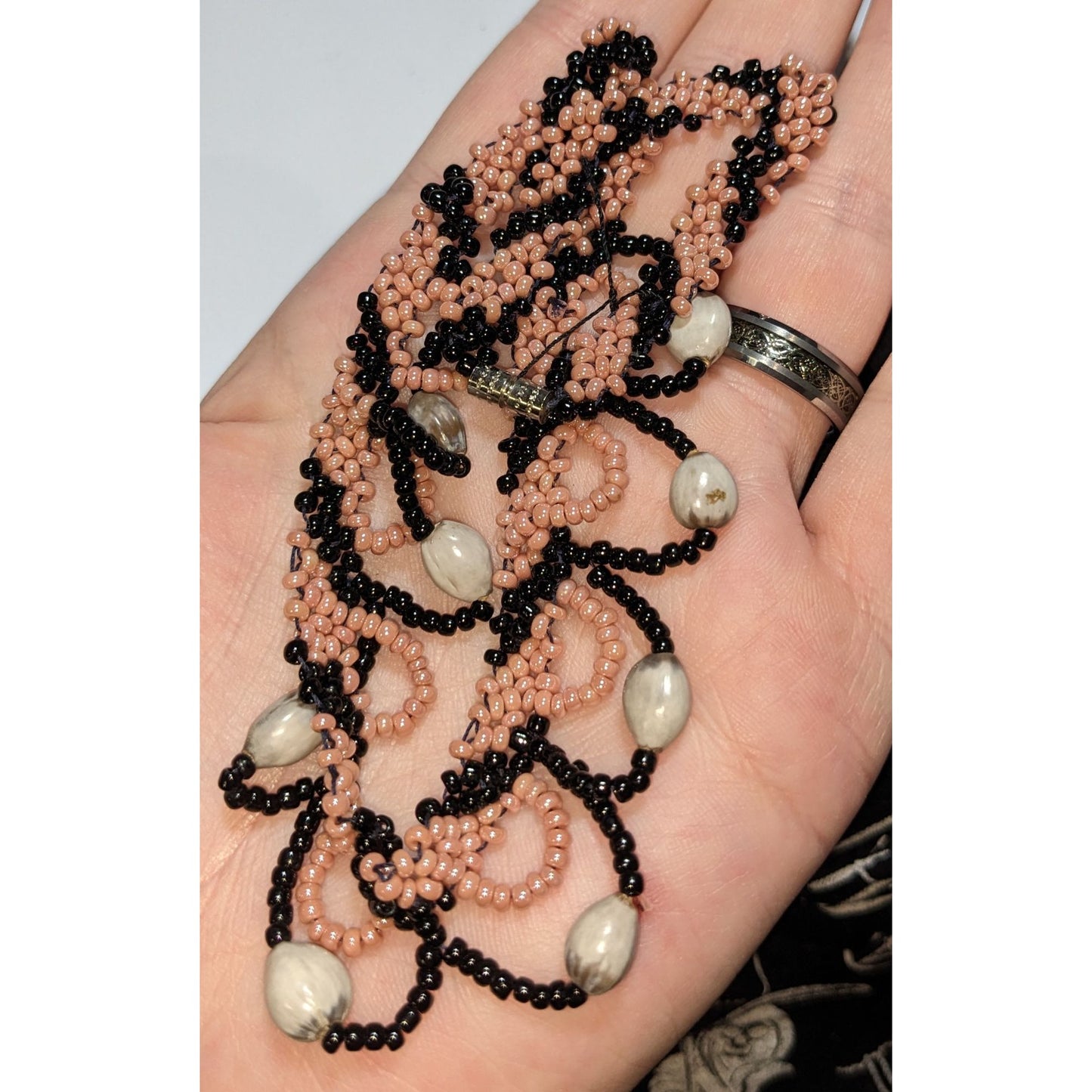 Vintage Black Pink Seed Bead Bib Necklace Scallop Fringe Statement Boho Jewelry