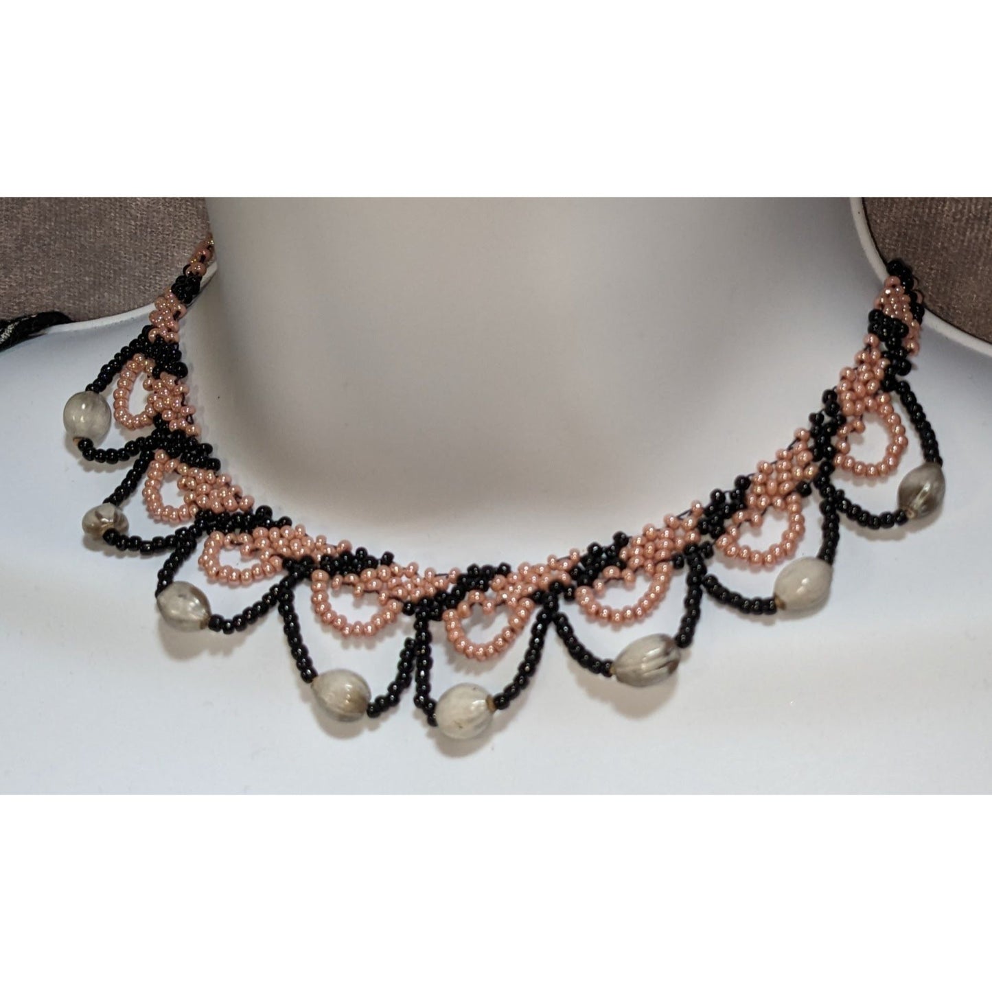 Vintage Black Pink Seed Bead Bib Necklace Scallop Fringe Statement Boho Jewelry