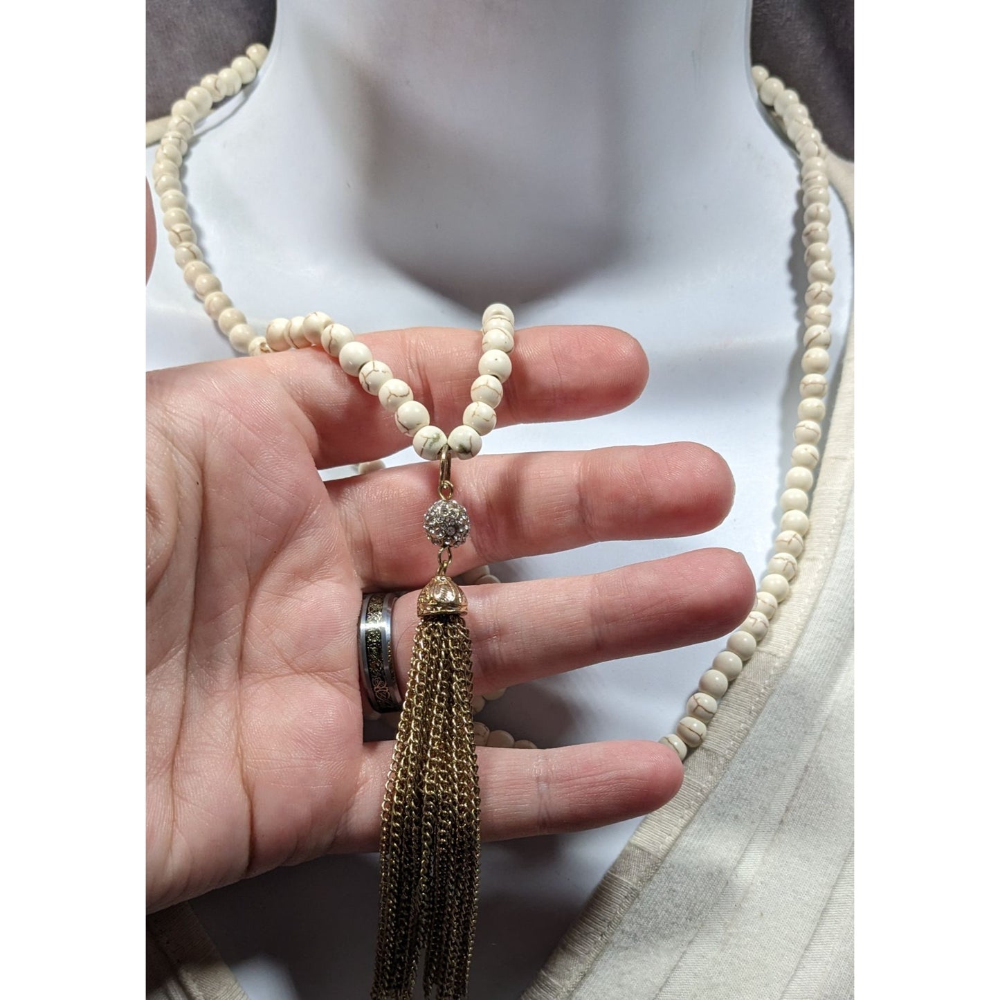 Boho Chic Howlite Beaded Necklace With Gold Tone Tassel And Rhinestone Accents