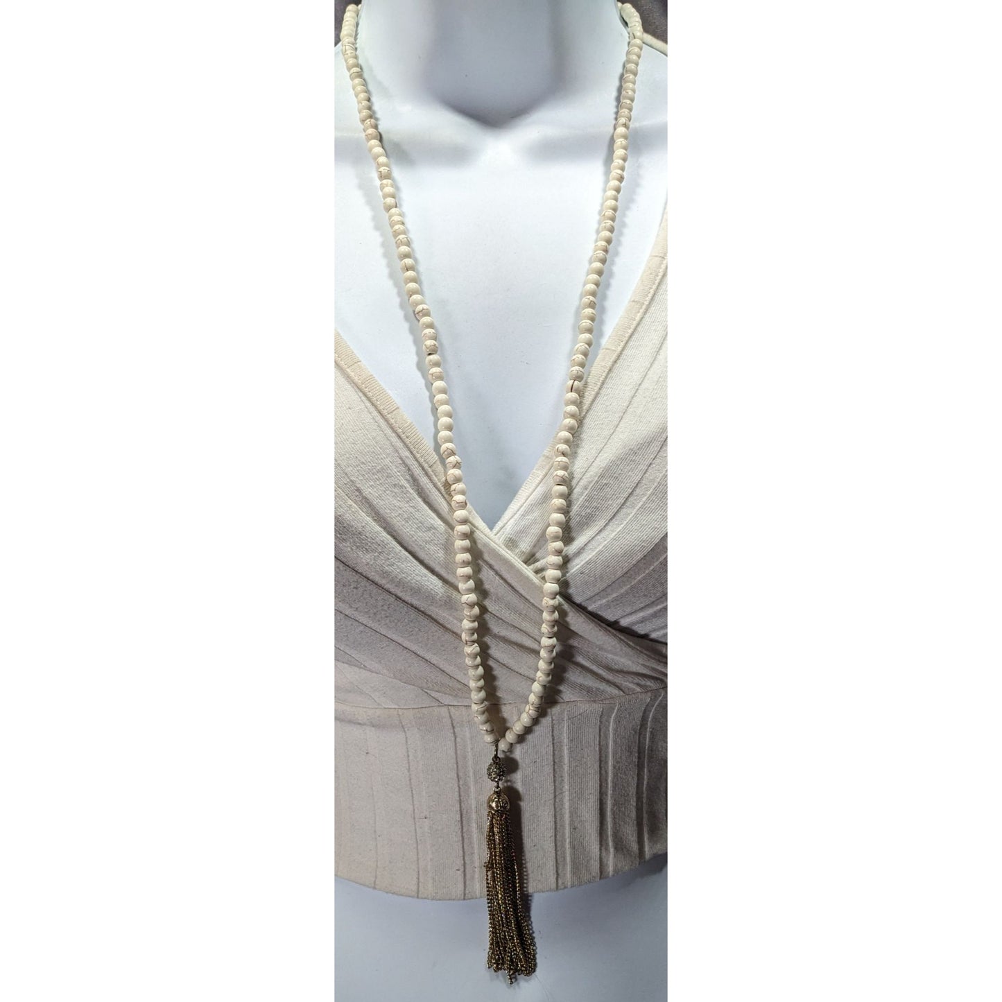 Boho Chic Howlite Beaded Necklace With Gold Tone Tassel And Rhinestone Accents