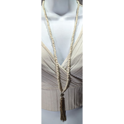 Boho Chic Howlite Beaded Necklace With Gold Tone Tassel And Rhinestone Accents
