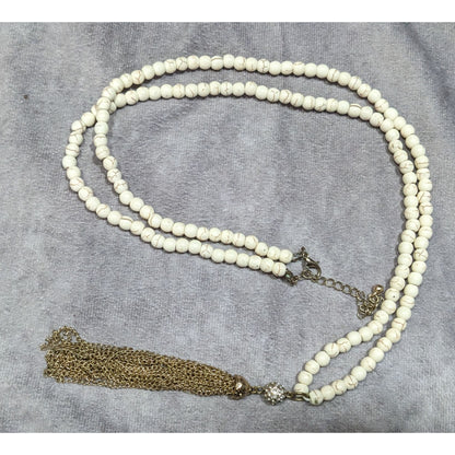 Boho Chic Howlite Beaded Necklace With Gold Tone Tassel And Rhinestone Accents