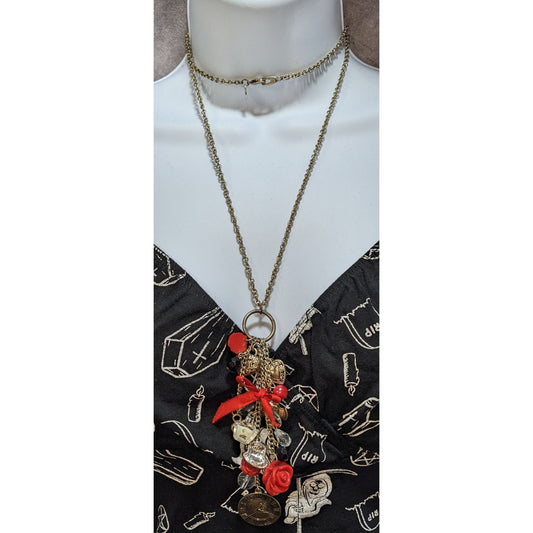 Vintage Claires Alice-Inspired Charm Necklace With Red & Gold Accents