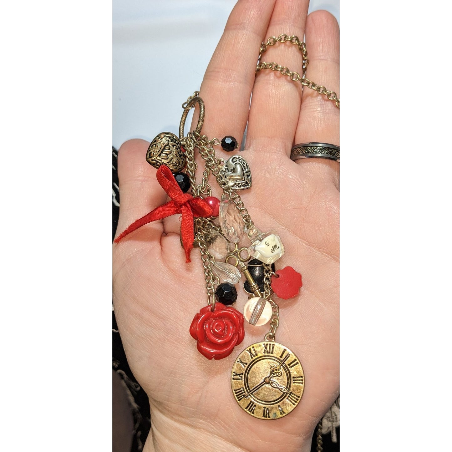 Vintage Claires Alice-Inspired Charm Necklace With Red & Gold Accents