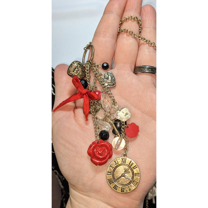 Vintage Claires Alice-Inspired Charm Necklace With Red & Gold Accents