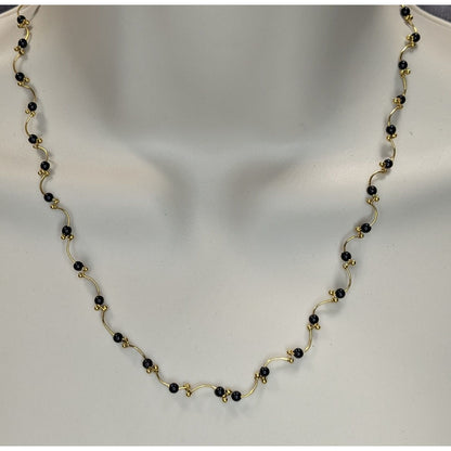 Goth Black Bead Gold Tone Wavy Station Necklace Minimalist Vintage Style