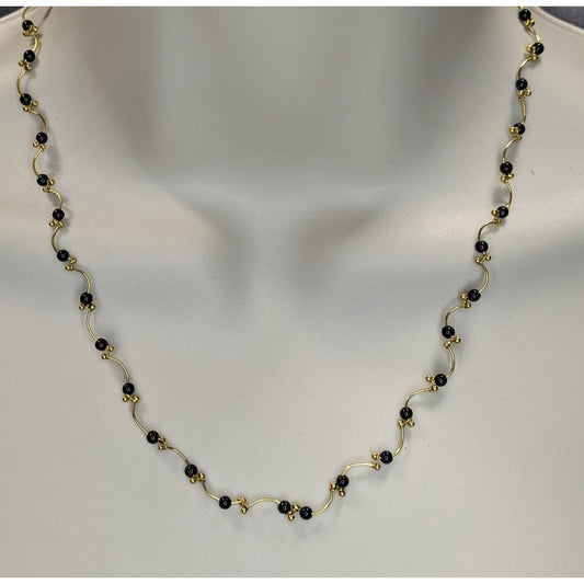 Goth Black Bead Gold Tone Wavy Station Necklace Minimalist Vintage Style