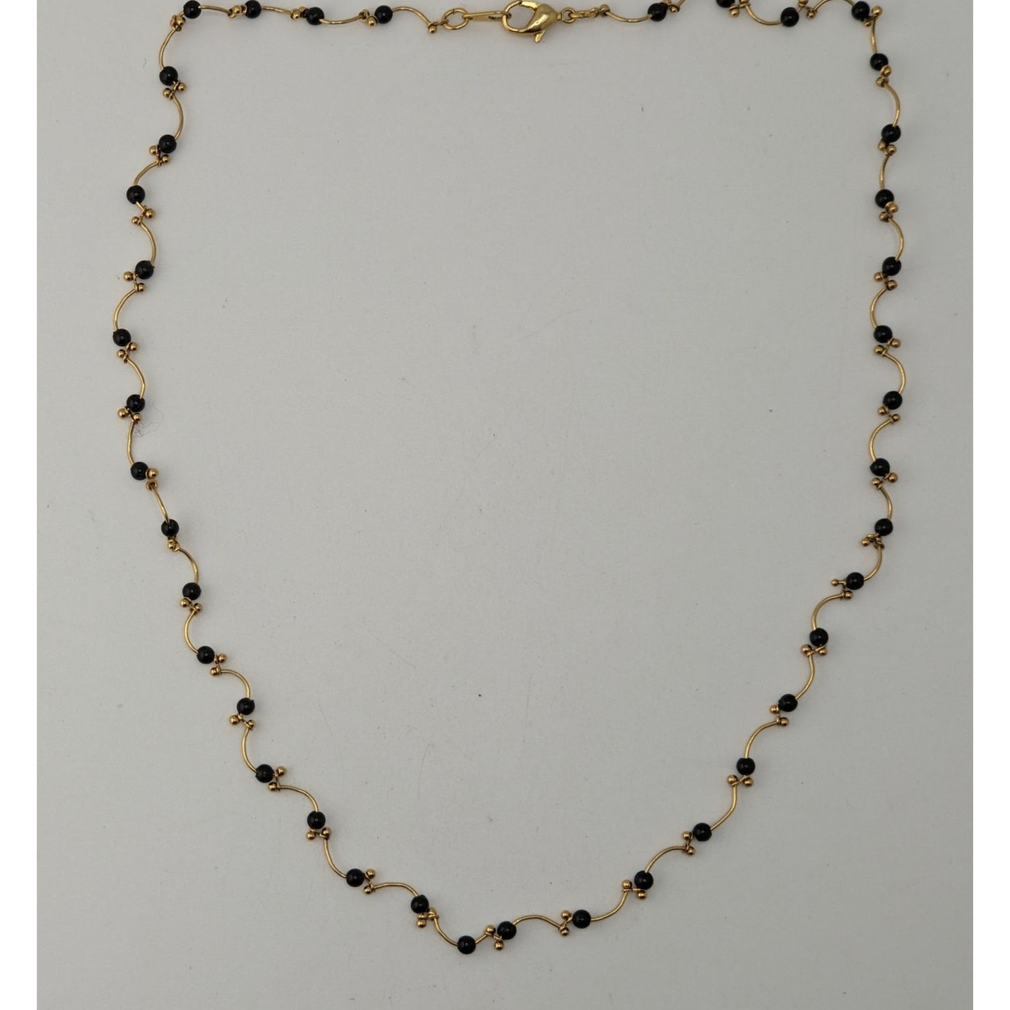 Goth Black Bead Gold Tone Wavy Station Necklace Minimalist Vintage Style