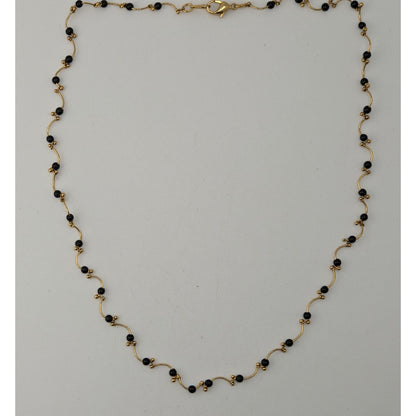 Goth Black Bead Gold Tone Wavy Station Necklace Minimalist Vintage Style