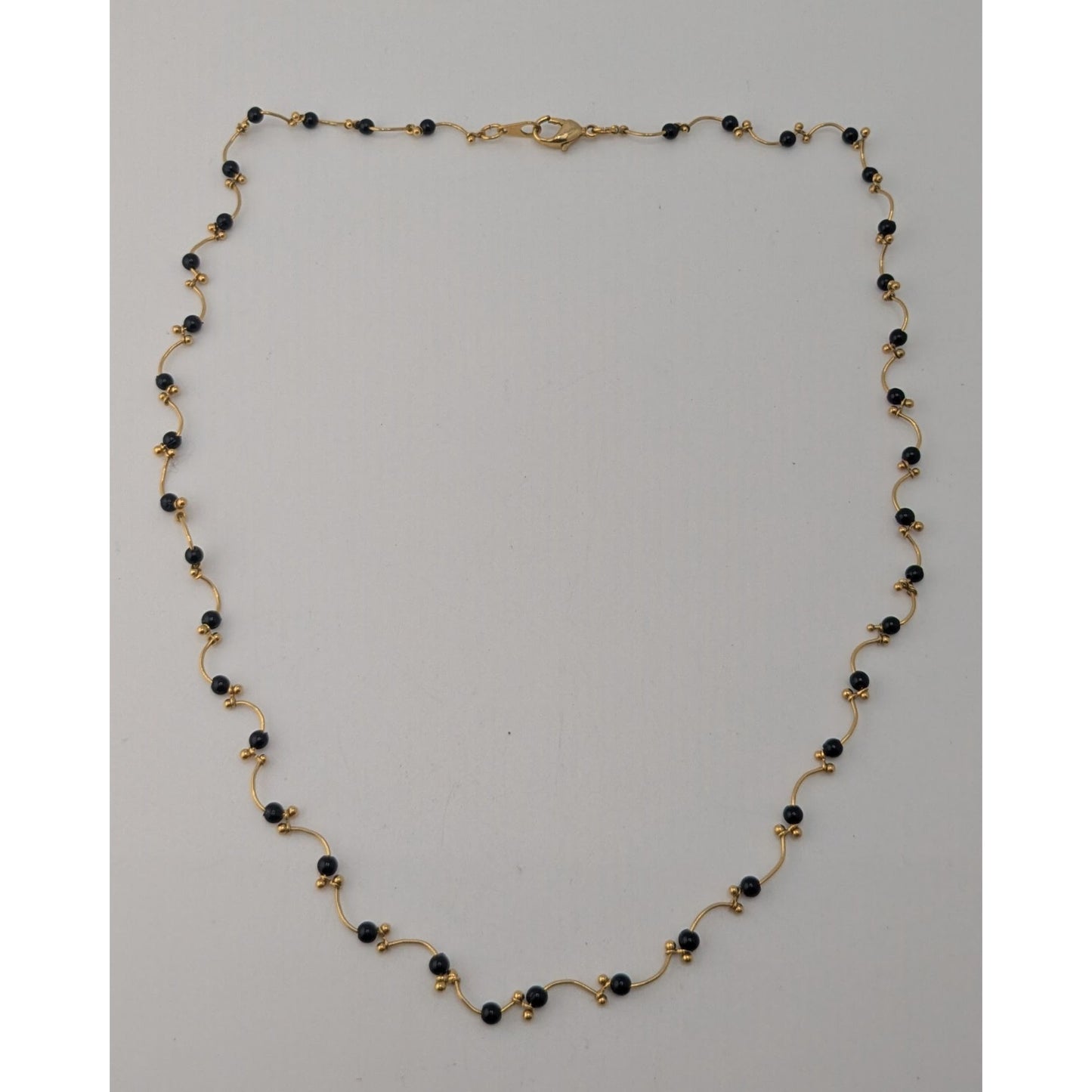 Goth Black Bead Gold Tone Wavy Station Necklace Minimalist Vintage Style