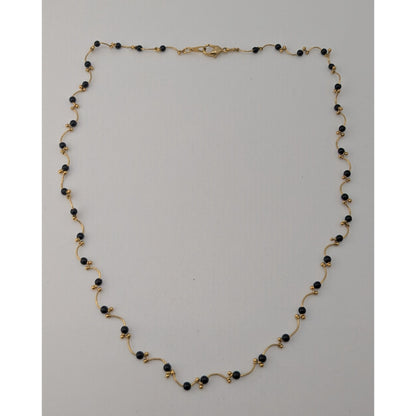 Goth Black Bead Gold Tone Wavy Station Necklace Minimalist Vintage Style