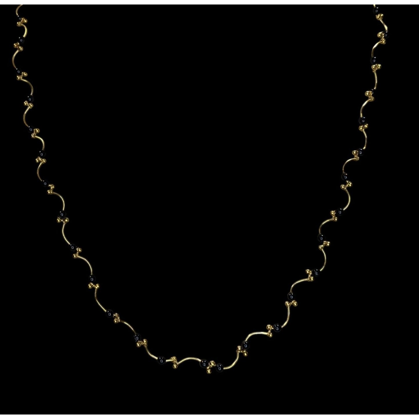 Goth Black Bead Gold Tone Wavy Station Necklace Minimalist Vintage Style