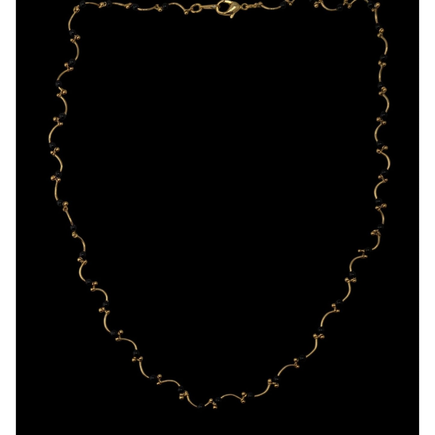 Goth Black Bead Gold Tone Wavy Station Necklace Minimalist Vintage Style
