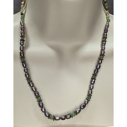 Vintage Handmade Gemstone & Purple Cultured Pearl Necklace Gold Tone Whimsical Nature